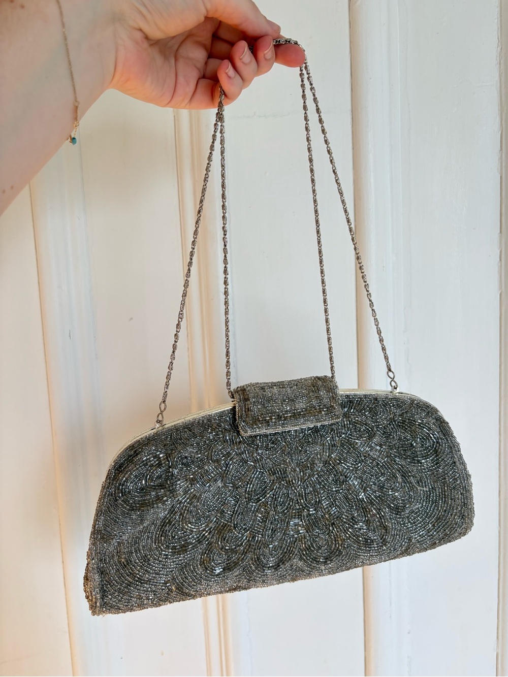 Vintage Silver Beaded Evening Bag with Chain Strap